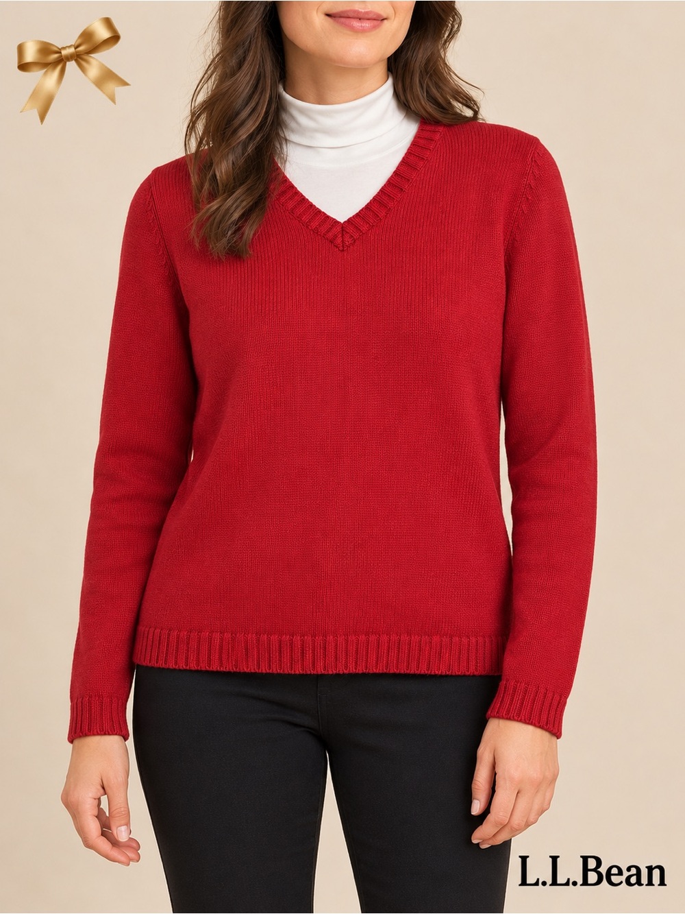 L.L.Bean Red Cotton V-Neck Short Sweater Size Small